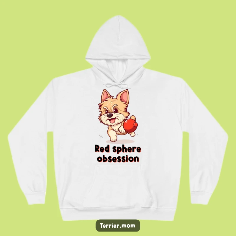 Funny Dog Hoodie: Scruffy dog chases red ball, cozy and excited, hilarious gift.