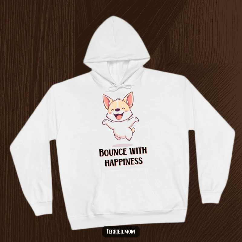 Funny hoodie depicting a small, energetic dog with pointed ears leaping joyfully with infectious enthusiasm.