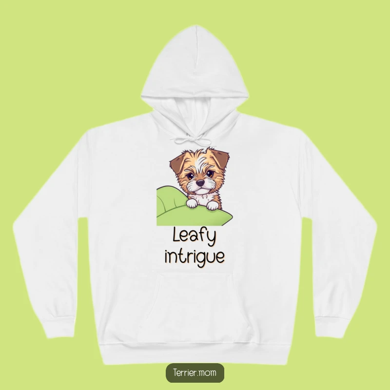 Funny Dog Hoodie: Tousled pup peeks from leaf, cozy mystery, hilarious gift.