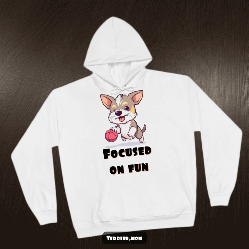 Funny Terrier hoodie, determined dog, bouncing ball, cozy pet wear, humorous sweatshirt, excellent funny gift.