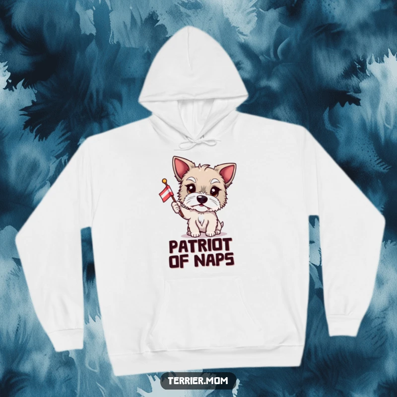 Funny Terrier hoodie, proud dog, waving flag, patriotic pet wear, humorous sweatshirt, excellent funny gift.