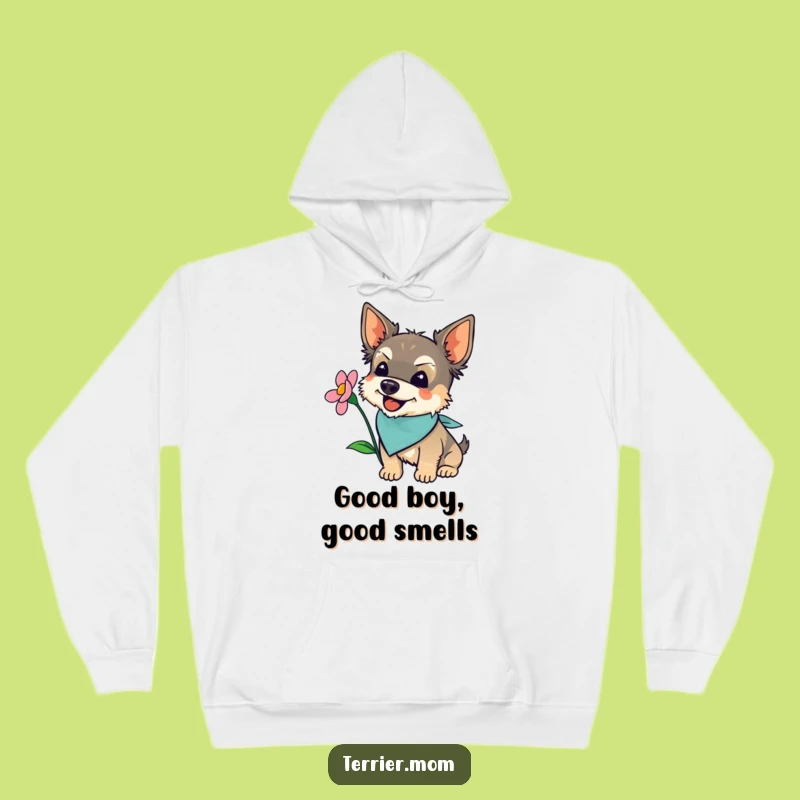 Cozy Funny Terrier Bandana Hoodie: Sniffing Flowers Dog Design, Warm Gift