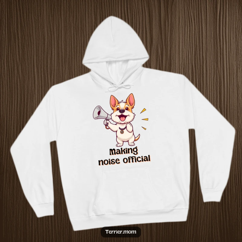 Funny hoodie with an enthusiastic terrier waving a miniature shiny megaphone, perfect for staying warm and motivated.