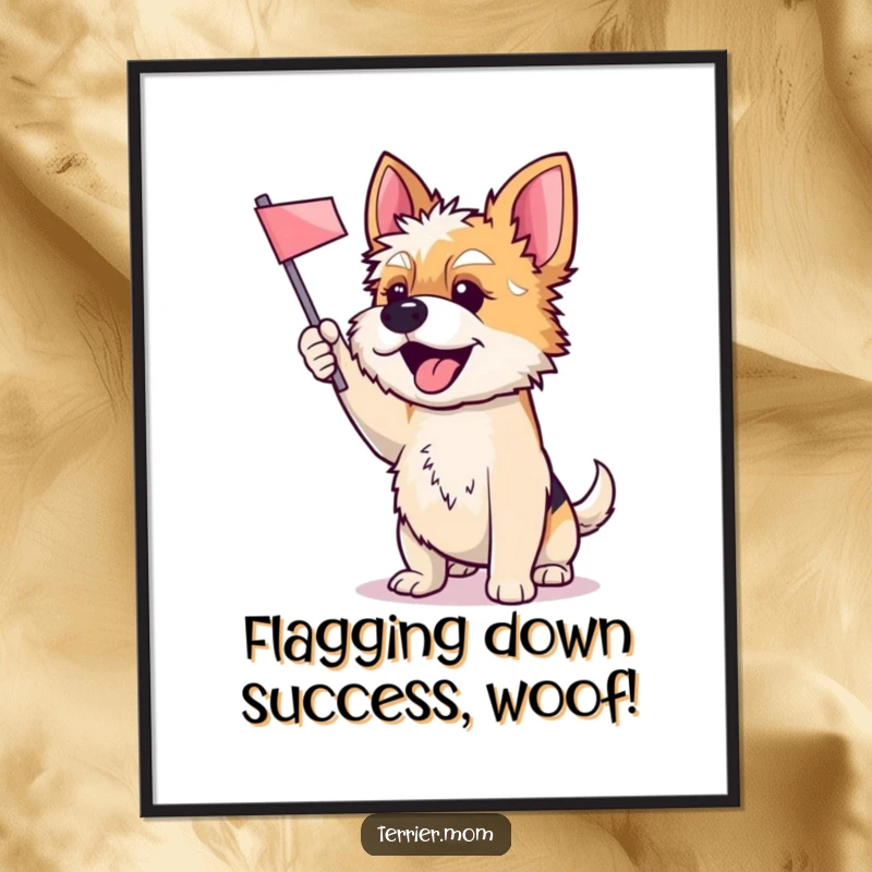 Funny Free Printable Wall Art: An energetic Terrier dog fervently waving a small flag, adding a humorous touch.