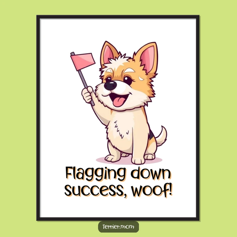 Funny Free Printable Wall Art: Energetic Terrier Dog Waving Flag Downloadable Decor