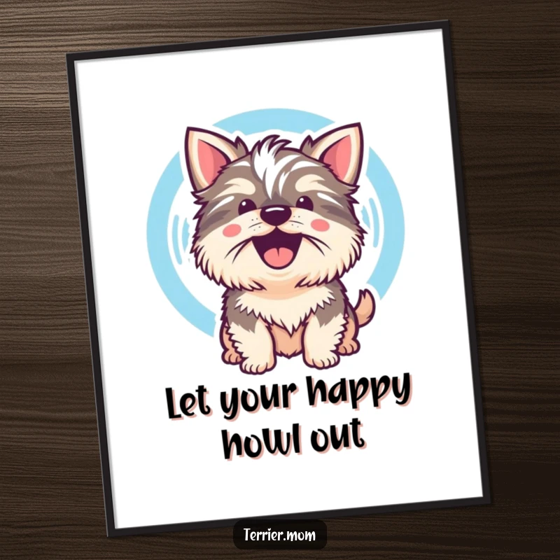 Funny Free Printable Wall Art: Kawaii Terrier dog barking energetically, with a prominent and cheerful sound wave.