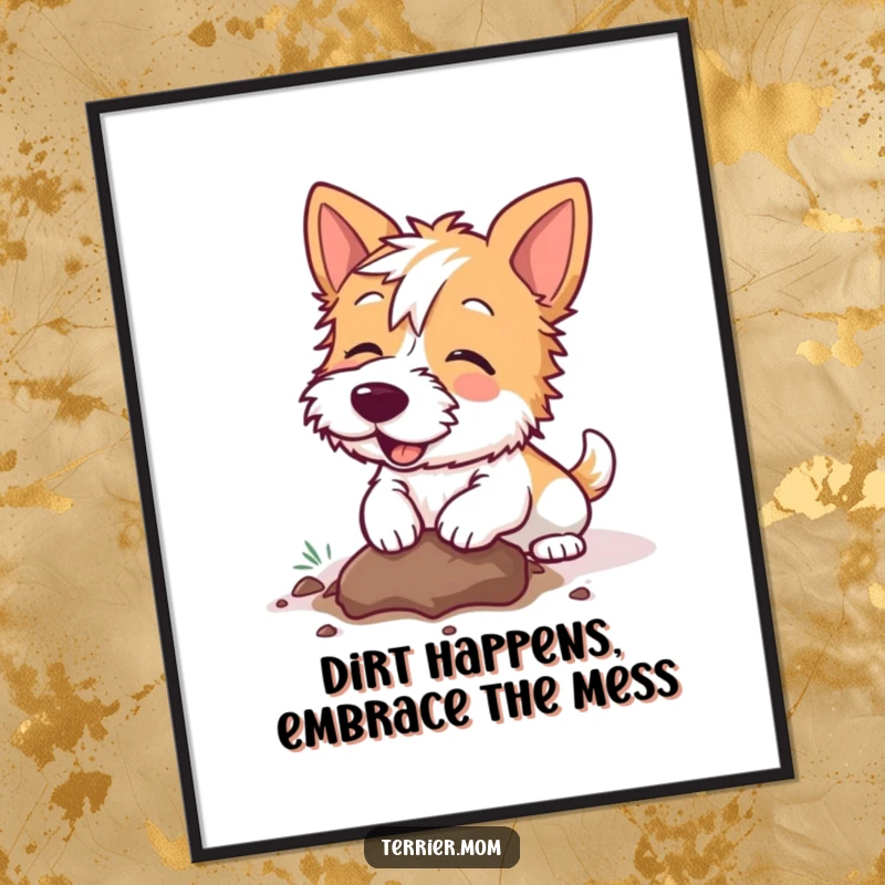 Funny Free Printable Wall Art: Kawaii Terrier dog enthusiastically digging a large hole, captured mid-action, playful decor