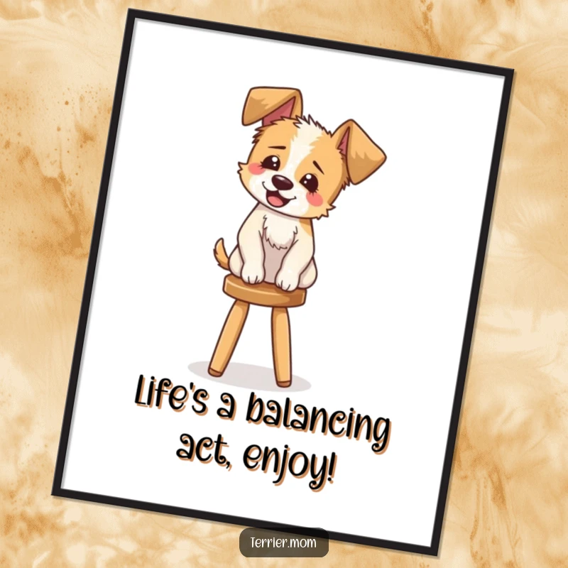 Funny Free Printable Wall Art: A comical terrier with floppy ears balancing on a stool, caught in a moment of pure giggling.