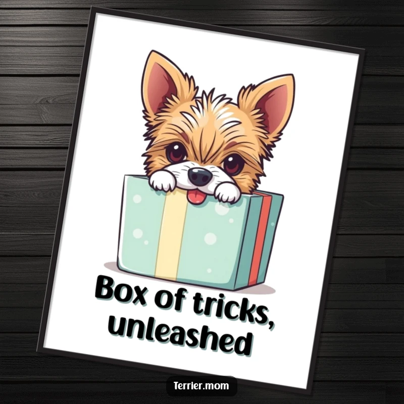 Free printable wall art: A playful Terrier dog with a mischievous grin peeks out from a gift box, ready to surprise.