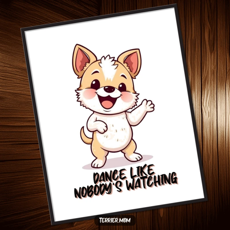 Funny Free Printable Wall Art: An energetic terrier doing a comical and joyous wiggle dance.