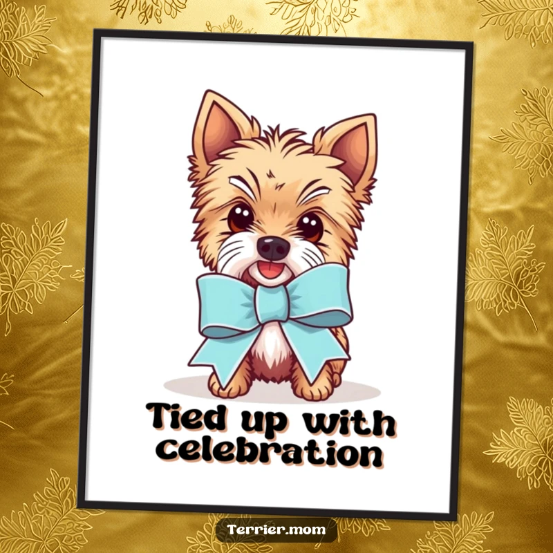 Funny Free Printable Wall Art of a Kawaii Terrier dog proudly displaying a ridiculously large and festive ribbon.