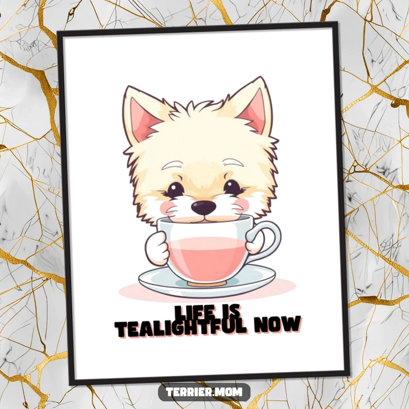 Funny Free Printable Wall Art: A contented Terrier dog relaxing while sipping from a tiny teacup, conveying peaceful charm.
