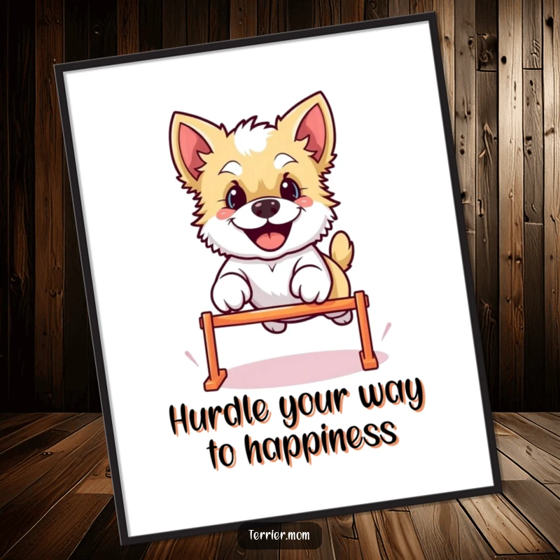 Funny Free Printable Wall Art of a joyful Kawaii Terrier dog mid-leap, showcasing boundless energy and happiness.
