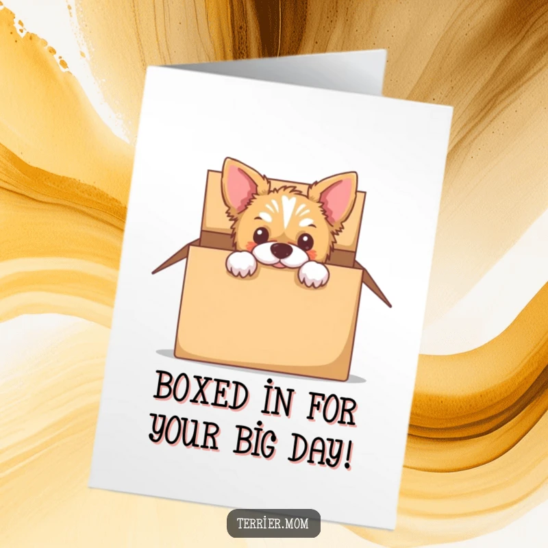 Funny Free Printable Birthday Card: A curious terrier peeking its head out from an empty cardboard box.