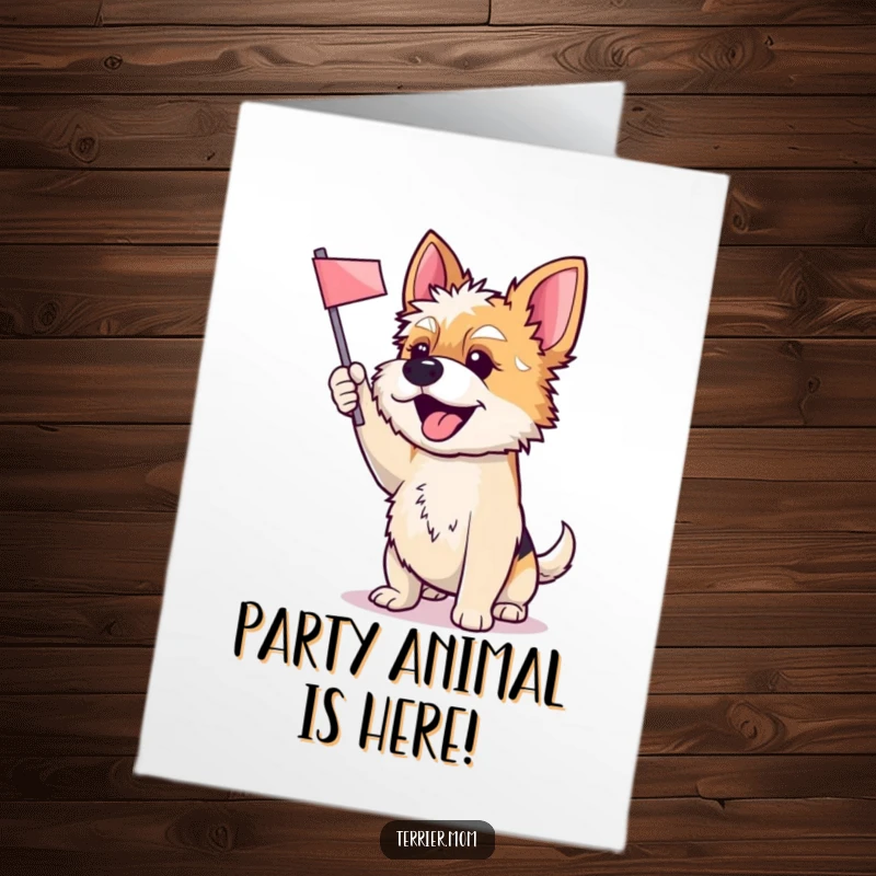 Funny Free Printable Birthday Card: Energetic Terrier dog joyfully waving a small flag, perfect for a happy celebration.