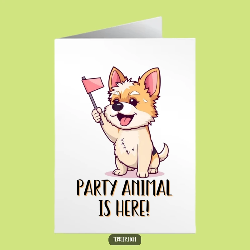 Free Printable Birthday Card: Cheerful Terrier Dog Waving Flag Funny Downloadable Gift