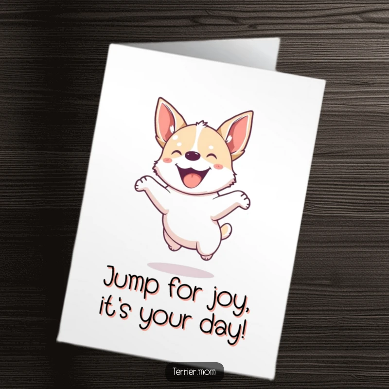 Funny Free Printable Birthday Card: Small energetic dog with pointed ears jumping playfully with pure joy.