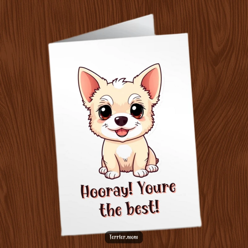 Funny Free Printable Congratulations Card: Alert Kawaii Terrier dog with a big smile, ready to cheer for you