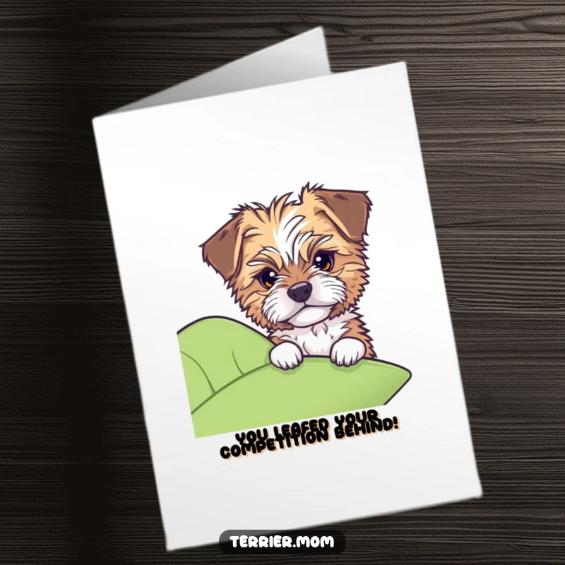 Funny Free Printable Congrats Card: Dog with tousled fur peeking curiously from behind a large leaf, celebrating success.