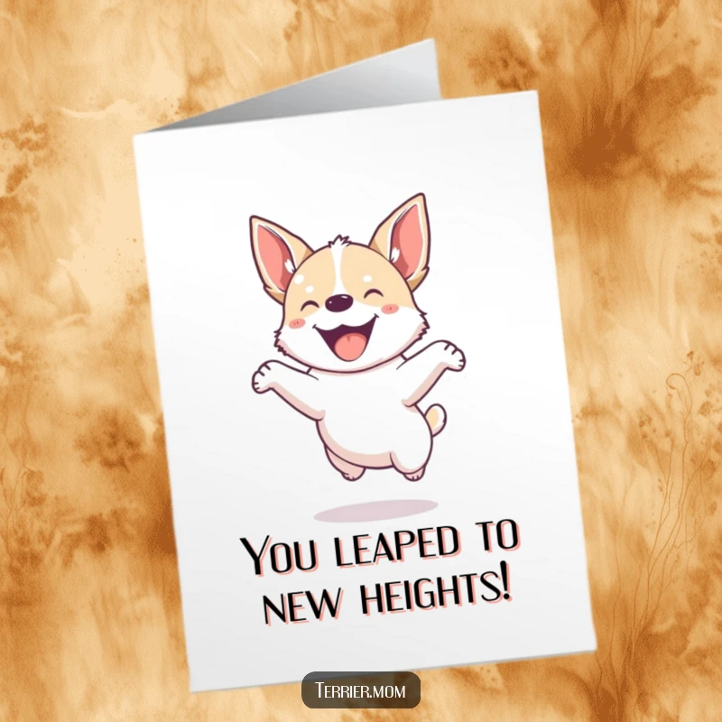 Funny Free Printable Congrats Card: Small, energetic dog with pointed ears playfully jumping with absolute joy.