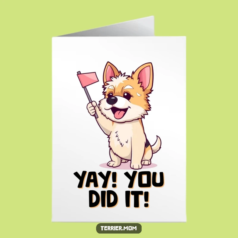 Free Printable Congrats Card: Enthusiastic Terrier Dog Waving Flag Funny Downloadable