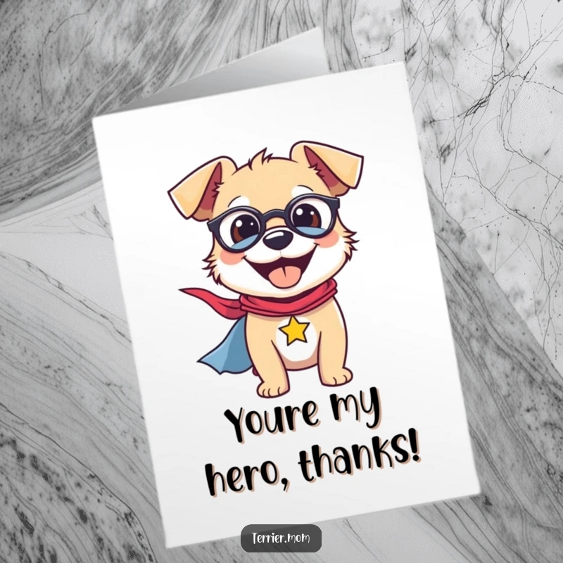 Funny Free Printable Thank You Card: A smiling terrier proudly wearing a superhero cape.
