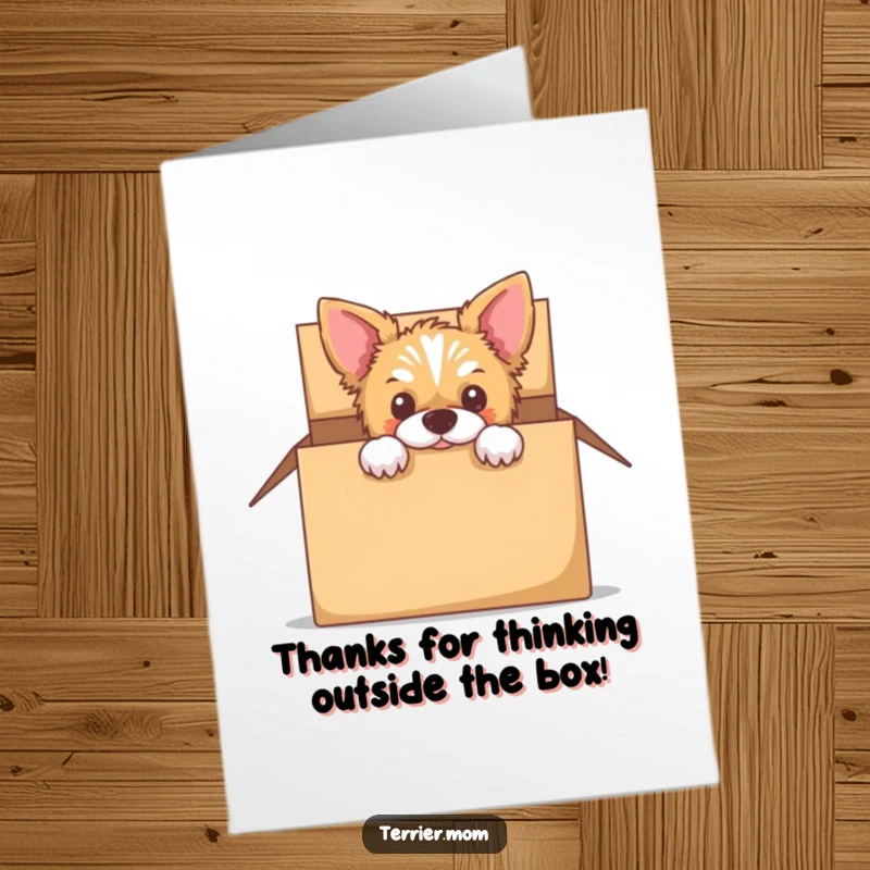 Funny Free Printable Thank You Card: A sweet terrier peeking out from an empty cardboard box curiously.