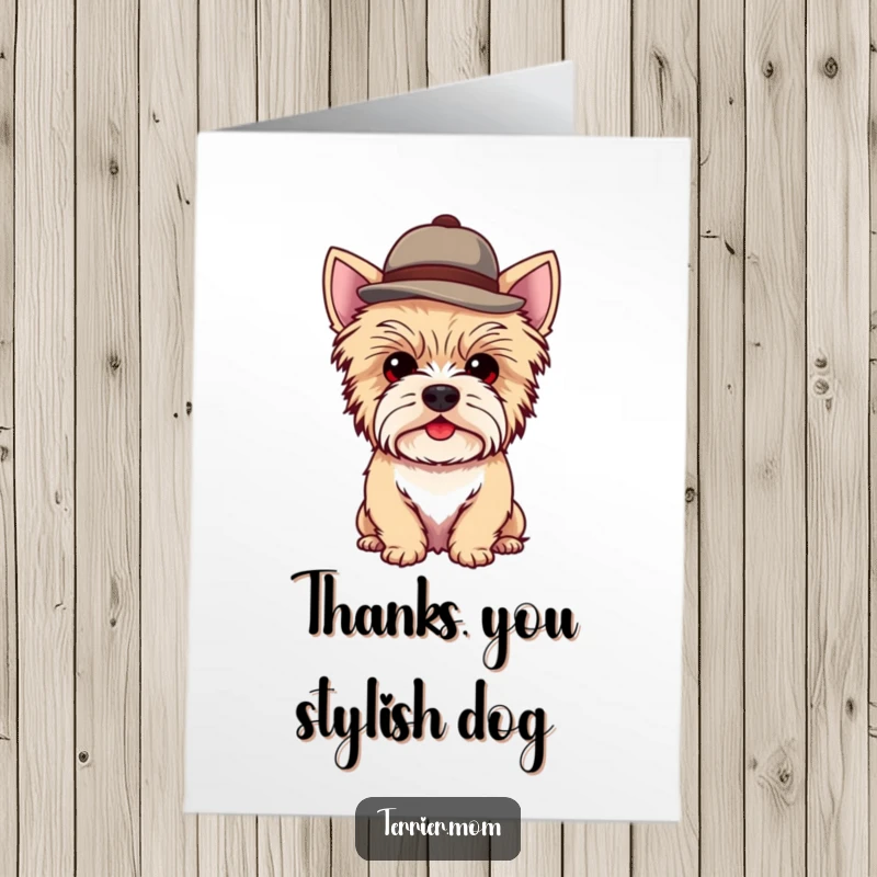 Funny Free Printable Thank You Card: Kawaii Terrier dog looking adorable and stylish in a tiny, jaunty hat.