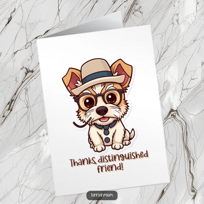 Funny Free Printable Thank You Card: A dapper terrier in a monocle and top hat, offering thanks.