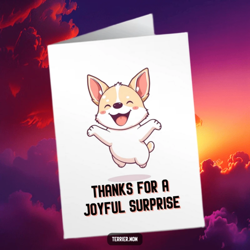 Funny Free Printable Thank You Card: Small energetic dog with pointed ears jumping playfully, expressing thanks.