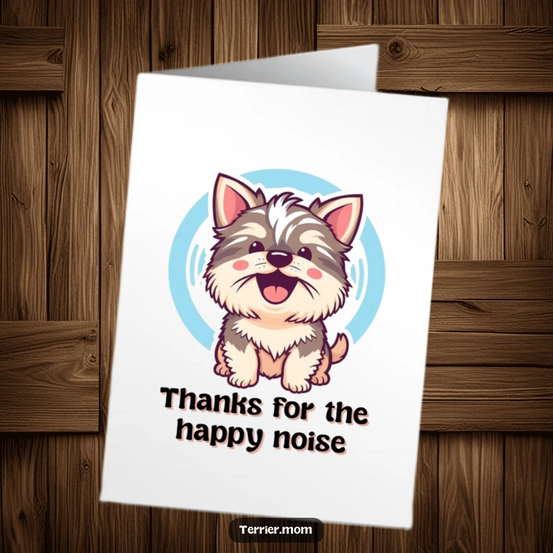 Funny Free Printable Thank You Card: Kawaii Terrier dog captured barking, with a cheerful sound wave visual.