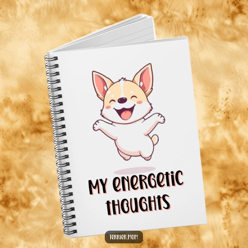 Funny notebook with a small, energetic dog with pointed ears jumping joyfully with infectious enthusiasm.