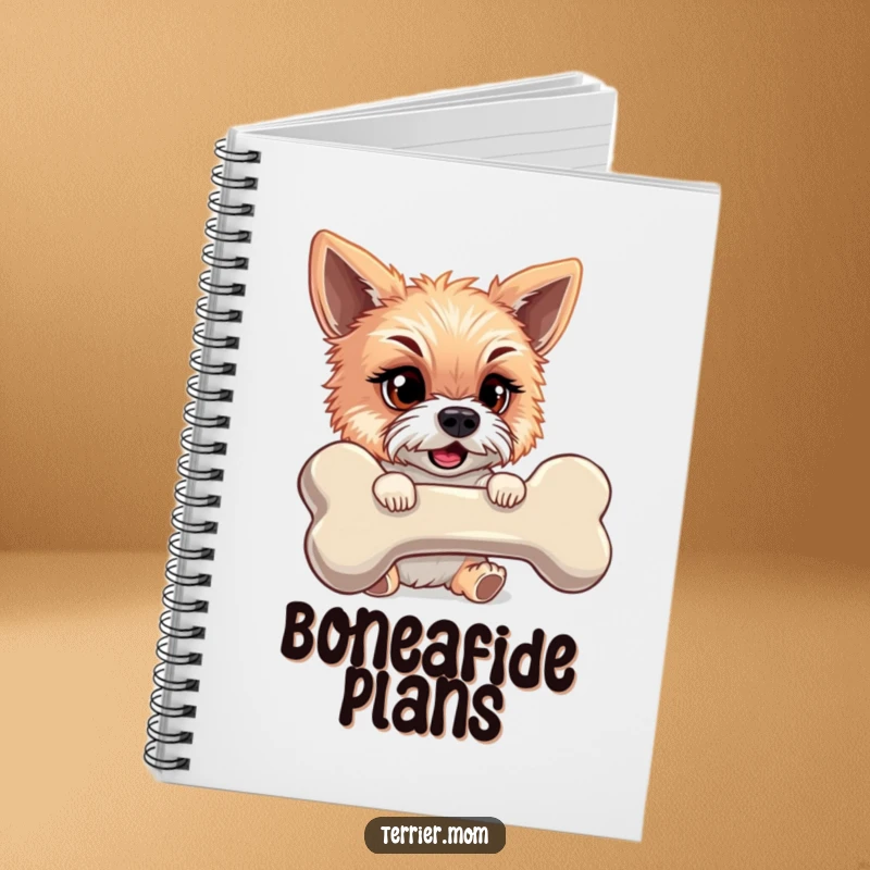 Funny notebook cover with a mischievous terrier dreaming of a giant bone, capturing the essence of canine obsession.