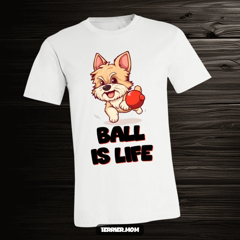 Funny t-shirt depicting a scruffy dog with alert ears excitedly chasing a rolling red sphere with determination.