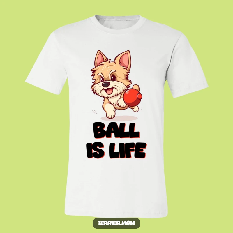 Funny Dog T-Shirt: Scruffy dog chases red ball, excited pursuit, hilarious gift.