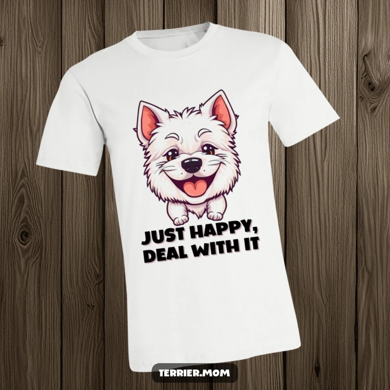 Funny t-shirt with a happy terrier showing off its big, goofy, panting grin, capturing pure canine delight.