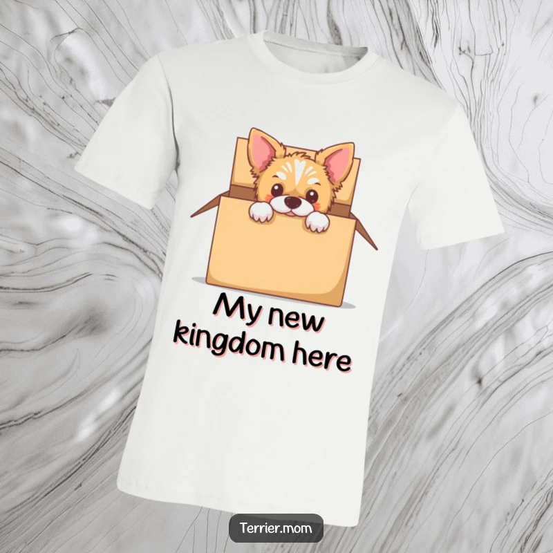 Funny t-shirt with a terrier curiously peeking out from the confines of an empty cardboard box.