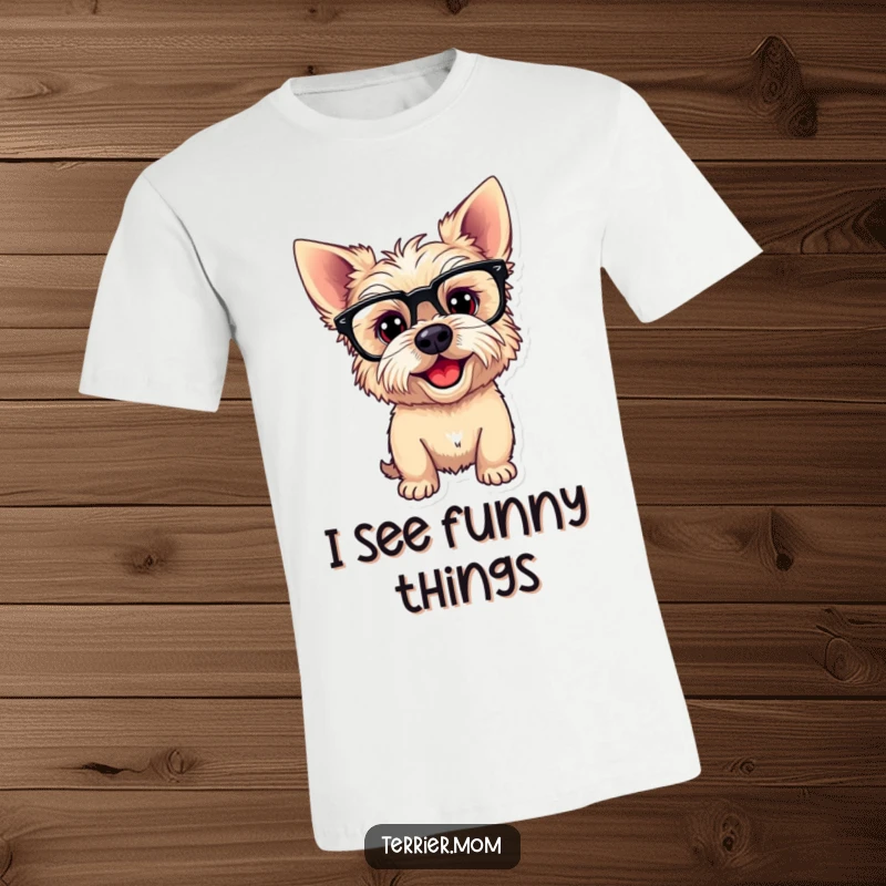 Funny T-Shirt depicting a playful Terrier dog wearing comical glasses and tilting its head, exuding intelligence and mischief.