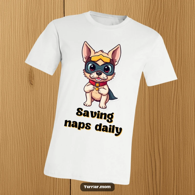 Funny t-shirt featuring a determined terrier dog donned in a superhero mask, striking a confident and funny pose.