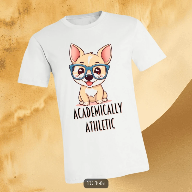 Funny terrier with a playful smile and oversized reading glasses, printed on a comfortable t-shirt.