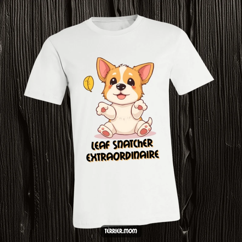 Funny Terrier T-Shirt: A happy terrier with paws outstretched joyfully attempts to snatch a falling autumn leaf, celebrating playful energy.