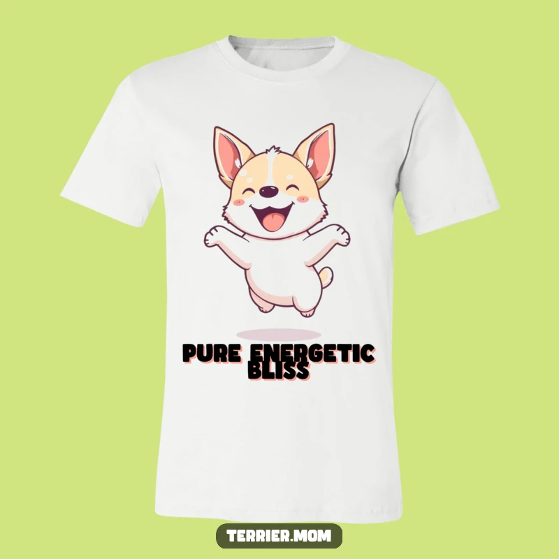 Funny Dog T-Shirt: Small energetic pup jumps joyfully, pointed ears, hilarious gift.