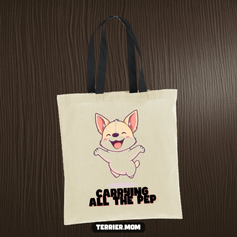 Funny tote bag showing a small, energetic dog with pointed ears jumping high with sheer joy.