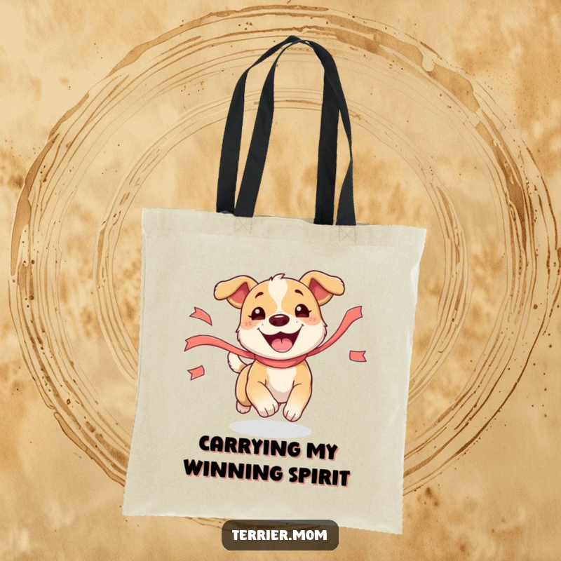 Funny Dog Tote Bag showcasing an animated dog gleefully chasing a ribbon, ideal for stylish and humorous everyday use.