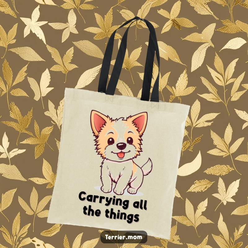 Funny Kawaii Terrier Tote Bag: Features an energetic dog with perky ears wagging its tail, ready for errands and smiles.