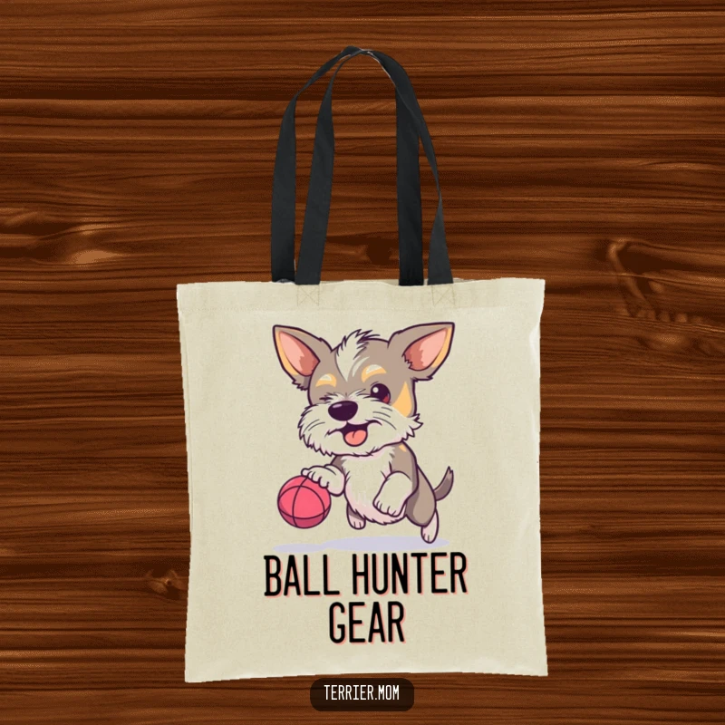 Funny Terrier tote bag, determined dog, bouncing small ball, playful pet, humorous accessory, ideal funny gift.