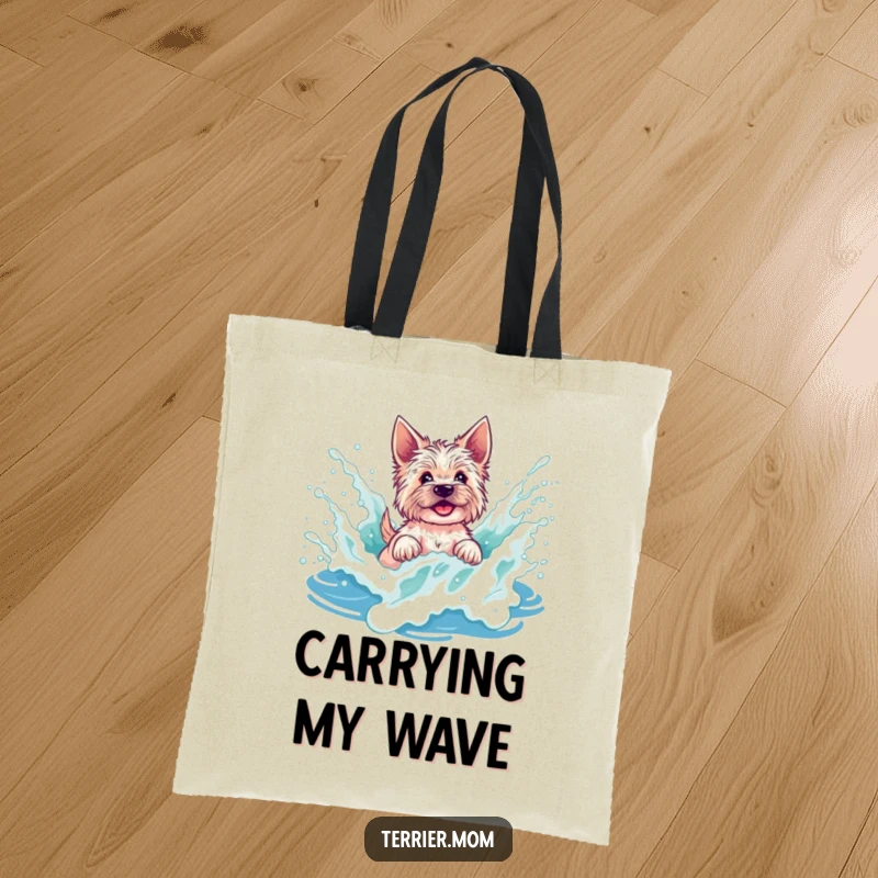 Funny terrier tote bag showing a dog splashing playfully in a foamy wave, perfect for carrying beach gear with flair.