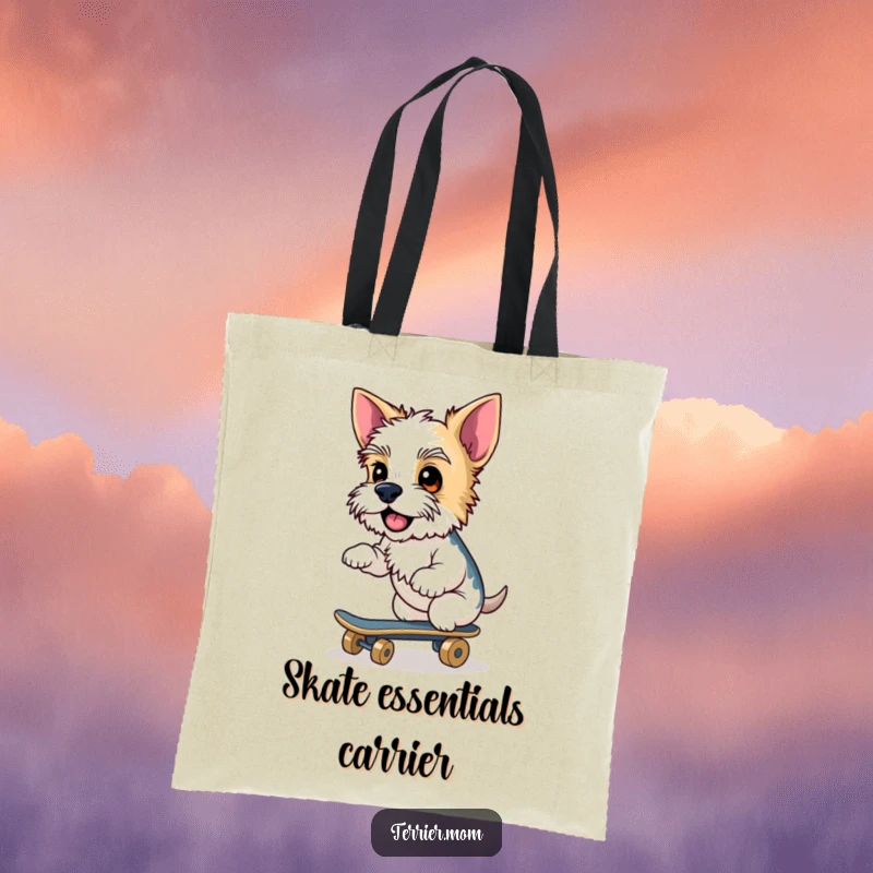 Funny Terrier tote bag, cheeky dog, riding skateboard, cool pet accessory, humorous accessory, ideal funny gift.